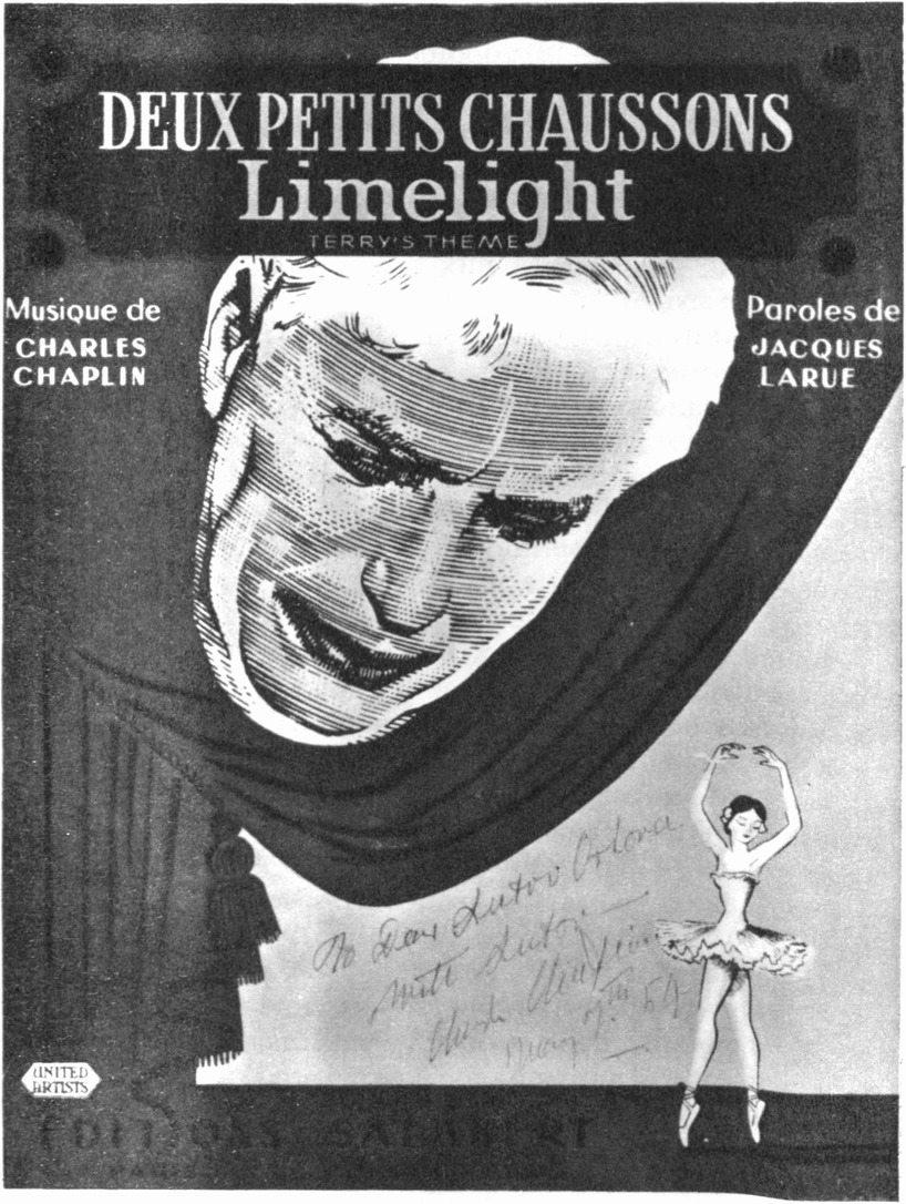 Обложка нот музыки Чаплина к фильму «Огни рампы» с дарственной надписью